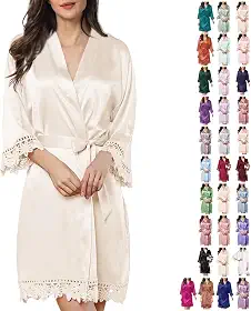Roupão feminino de cetim sedoso para noiva, dama de honra, roupão de banho de seda, quimono, renda, roupa de dormir, champanhe