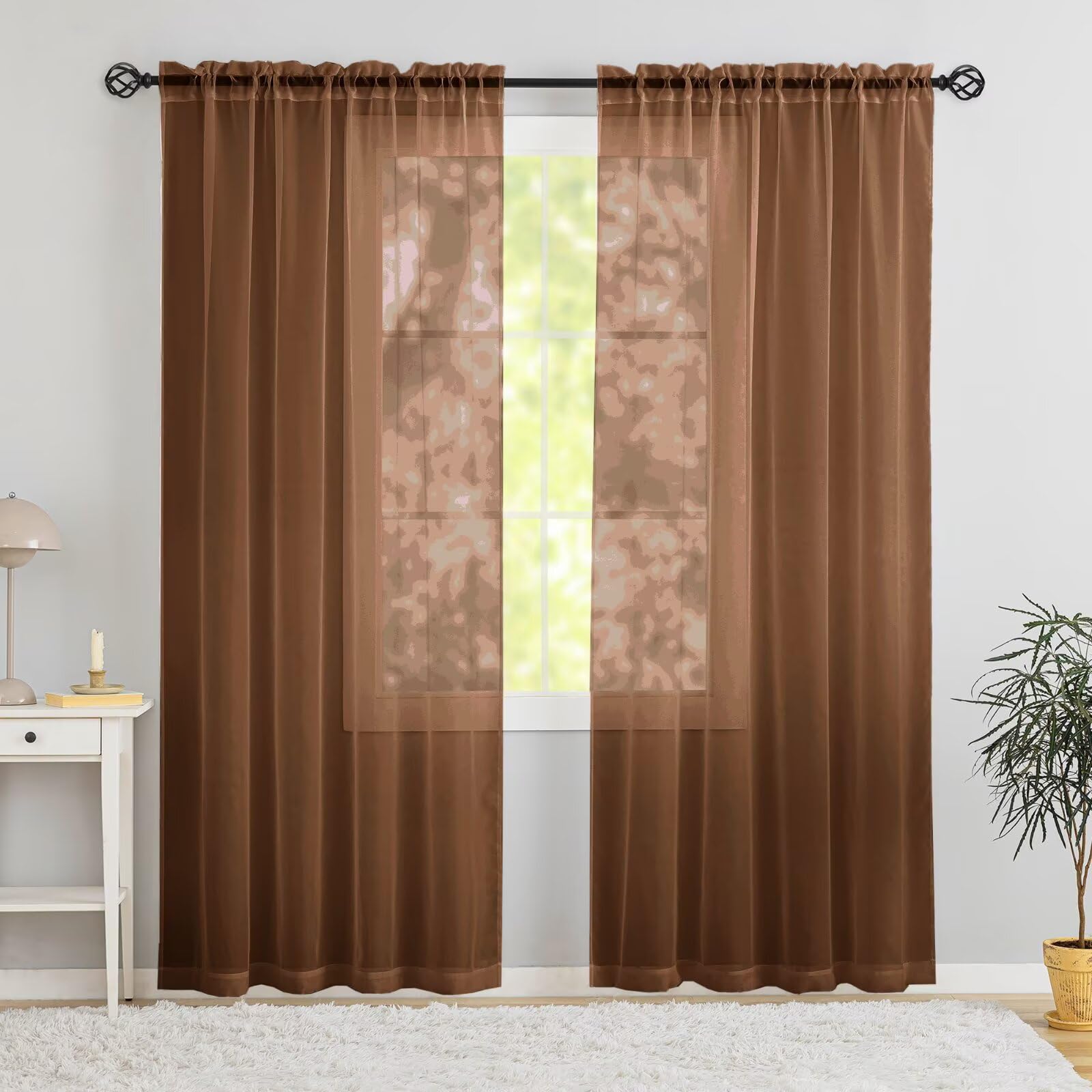 Voilage marron salon et chambre : rideaux semi-transparents 213 cm pour une ambiance cocooning