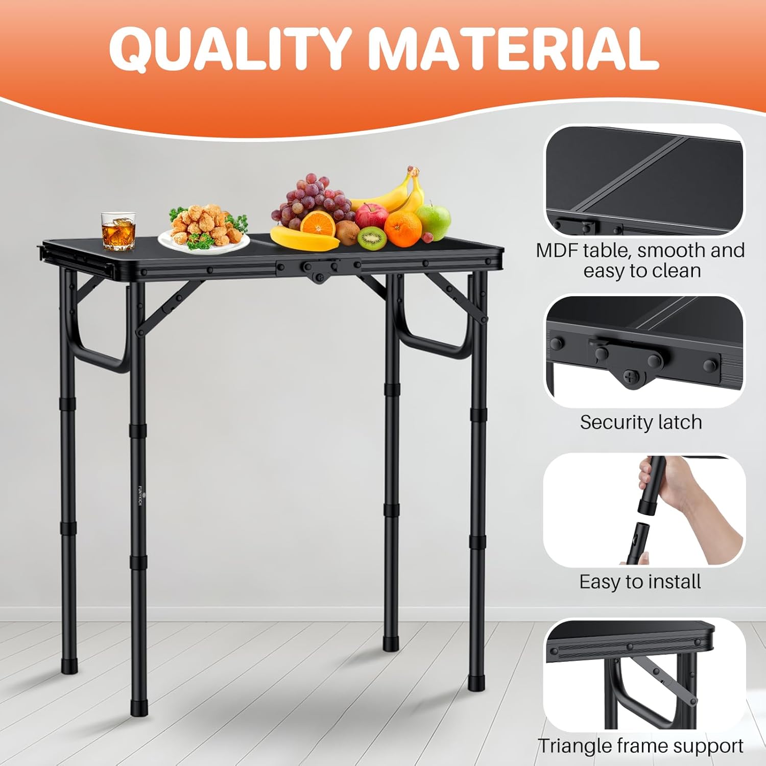 FUNYKICH 2ft Small Foldable Camping Table(22.8'' Lx15.7'' W), 3 Height Adjustable Portable Folding Table, Lightweight Aluminum Outdoor Table with Carry Handle for Camping, Beach, Picnic, Black