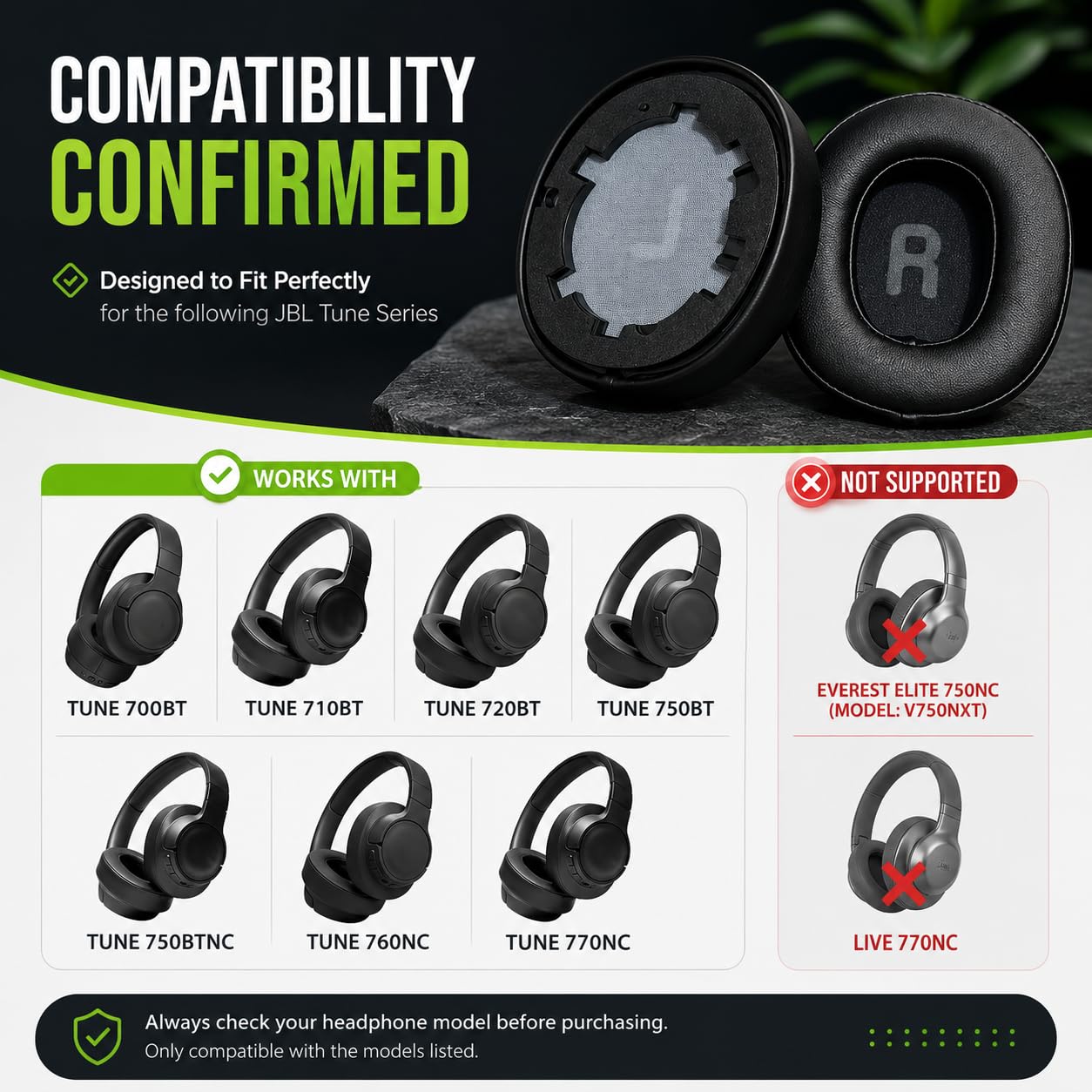 Street27 Replacement Earpads Compatible with JBL Tune 700BT, 710BT, 720BT, 750BT, 750BTNC, 760NC & 770NC Headphones, Memory Foam Protein Leather Ear Cushions, Black — Amazon image 5