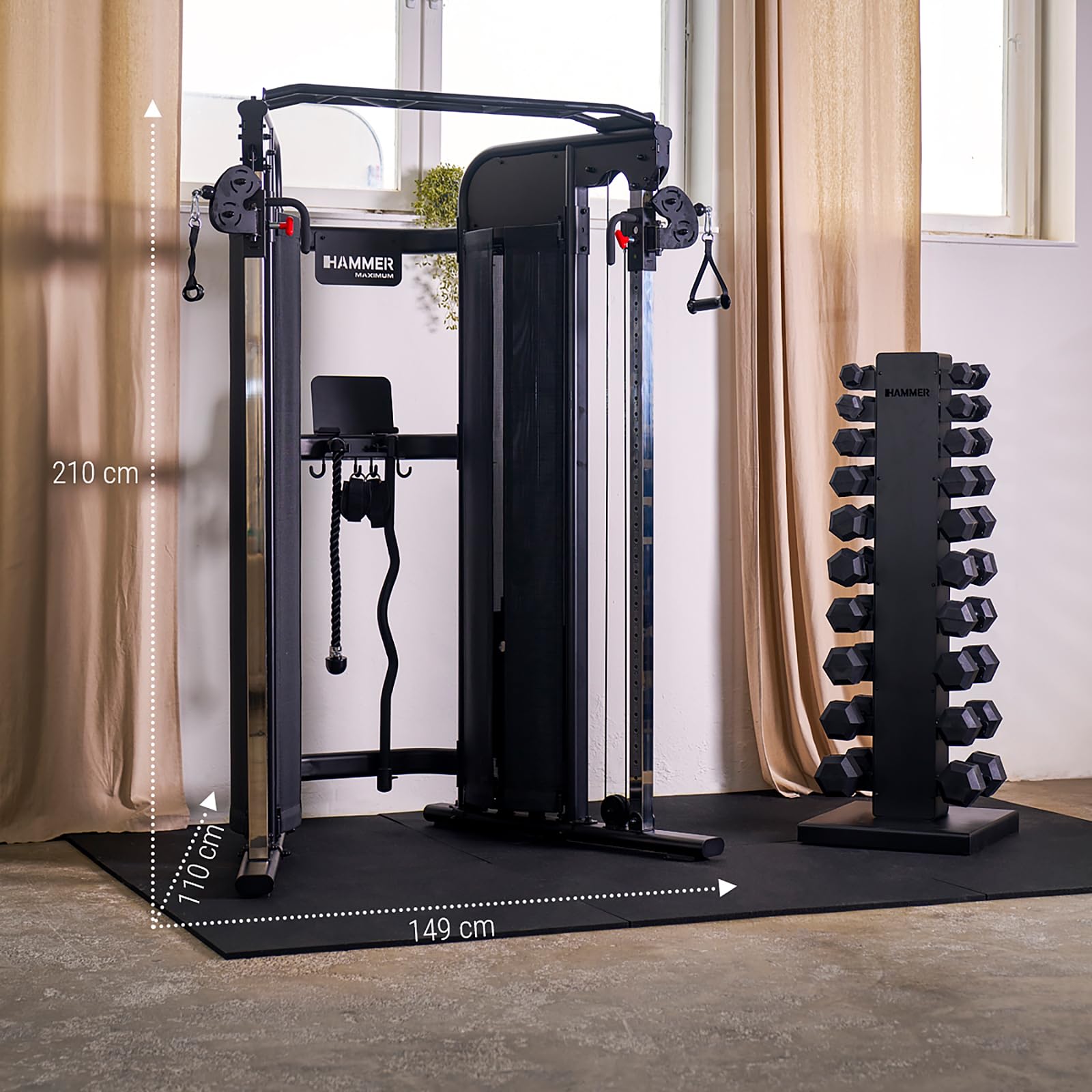 HAMMER Kraftstation Autark 8.0, kompakte Fitnessstation für zu Hause, Fitness-Tower mit Doppel-Seilzugsystem, 2 x 80 kg Gewichtsblöcke, Multigriff-Klimmzugstange, Home Gym Sport Gerät