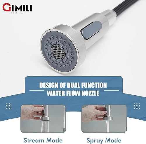 Miniatura 4 de GIMILI Grifo de cocina con rociador extraíble de arco alto de una sola manija de resorte grifo de fregadero de cocina de níquel cepillado moderno rv
