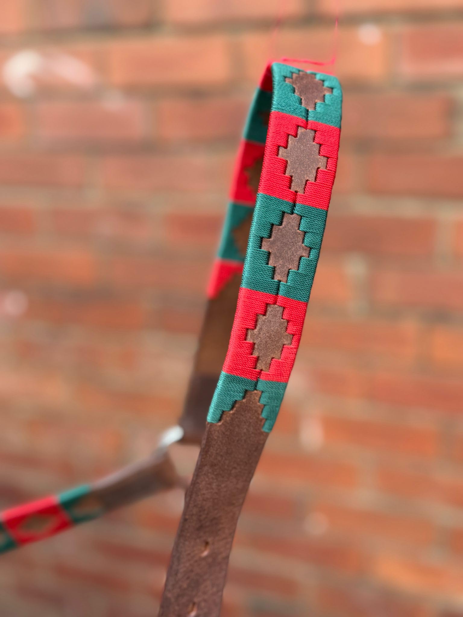 Leather Polo Headcollar, Handmade Embroidered Pattern, Brown with Adjustable Straps, Oil Pull-up Leather (Red/Green, Cob) - Image 2