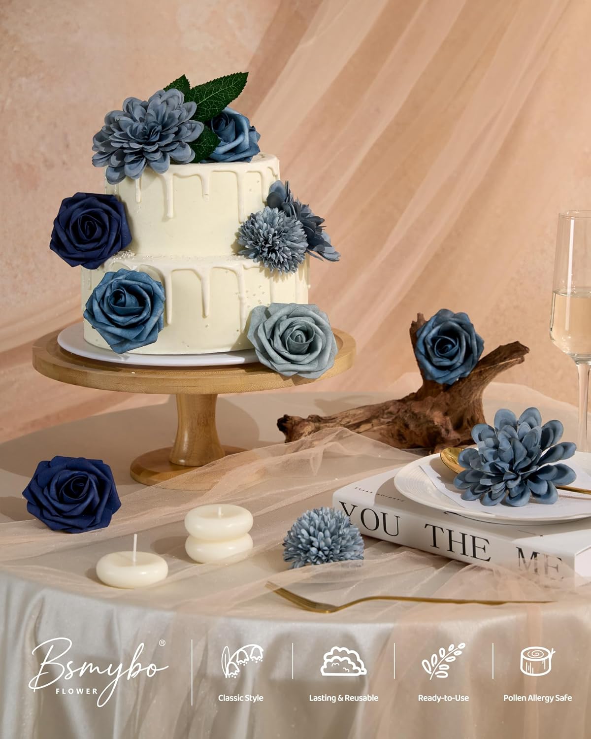 Dusty Blue Flower Artificial Roses Faux Flowers with Stems Mix Fake Roses Dahlia Chrysanthemum Ball for Wedding Bridal Bouquets, Table Centerpieces, Baby Shower, Party, Home Decorations