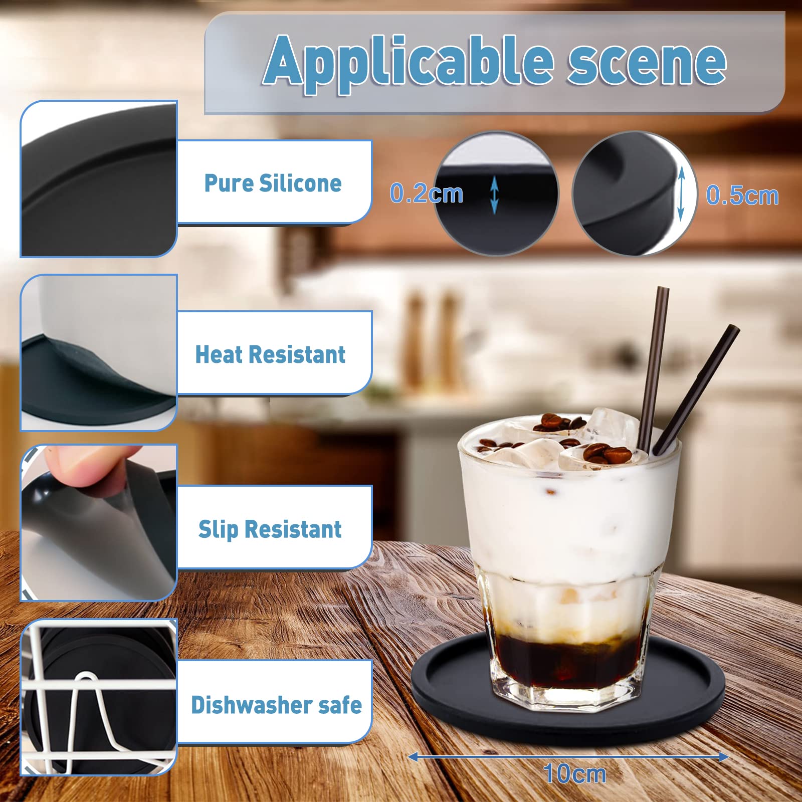 Lot De 12 Dessous De Verre Ronds En Silicone Noir - Antidérapants, Résistants à La Chaleur - Diamètre 10 Cm