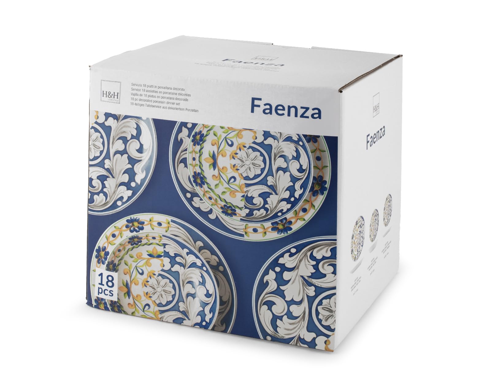 H&H Service de table 18 pièces en porcelaine – Ligne Faenza – Décoration méditerranéenne d'été – Assiettes élégantes pour 6 personnes – Lavables au lave-vaisselle et utilisables au micro-ondes