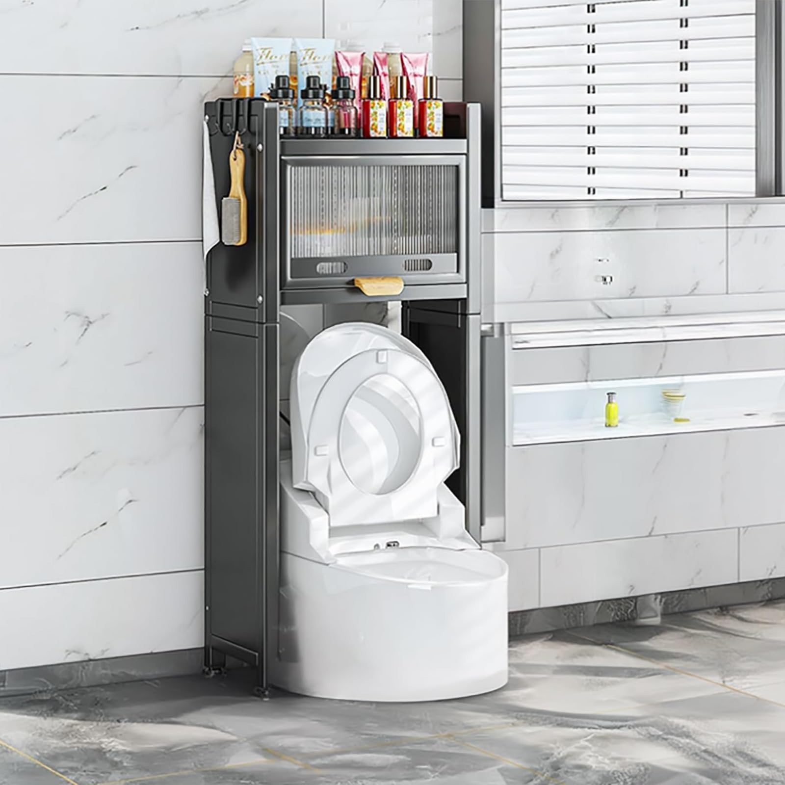 Hltdzer Over The Toilet Storage Cabinet Bathroom Storage Rack with Metal Frames Over Toilet Organizer Industrial Freestanding Bathroom Rack Above