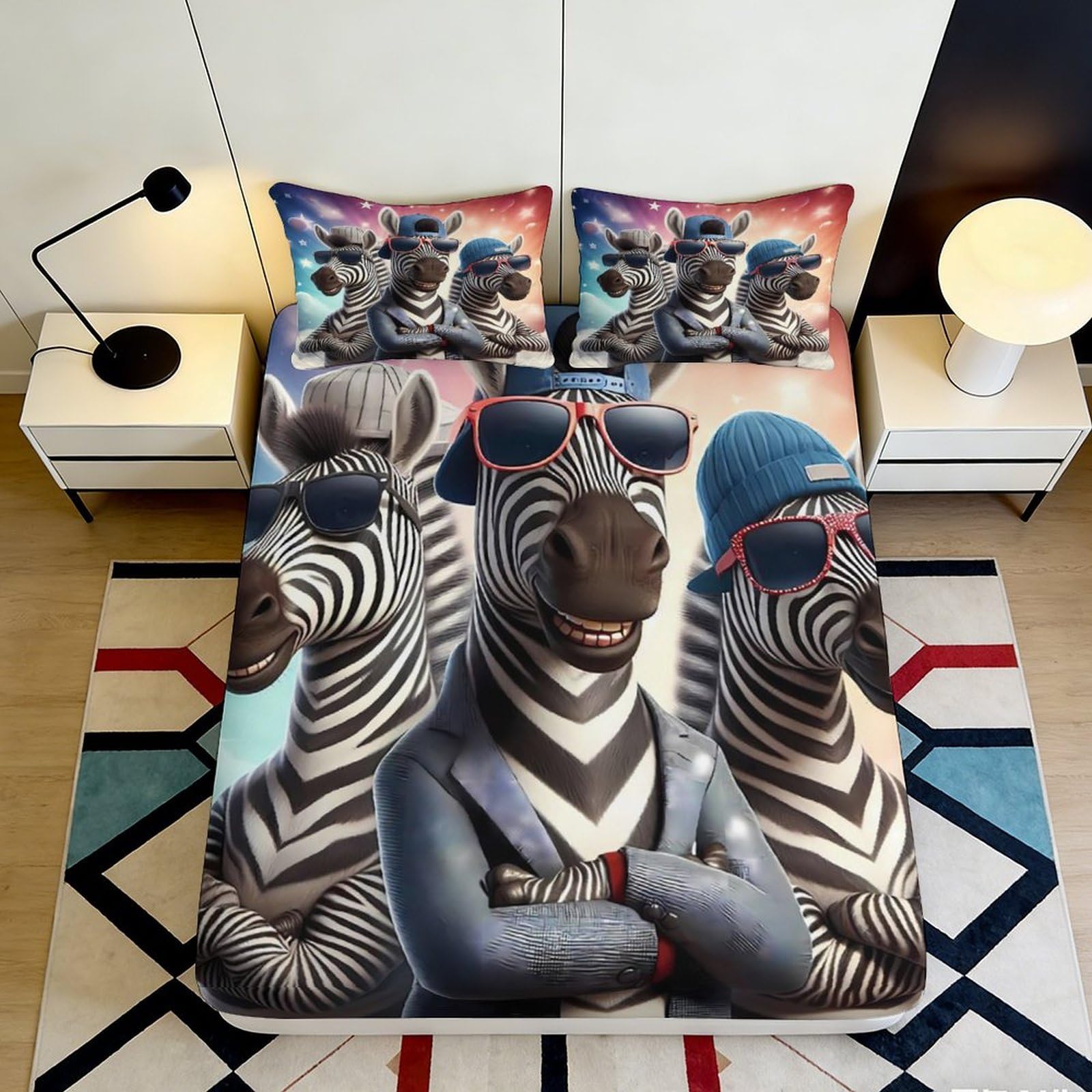 3D Printed Cool Zebra Pattern Fitted Sheet Microfiber Soft Breathable Sunglasses Zebra Mattress Cover for Bedroom Dormitory Guest Room Protection 200x200x25cm