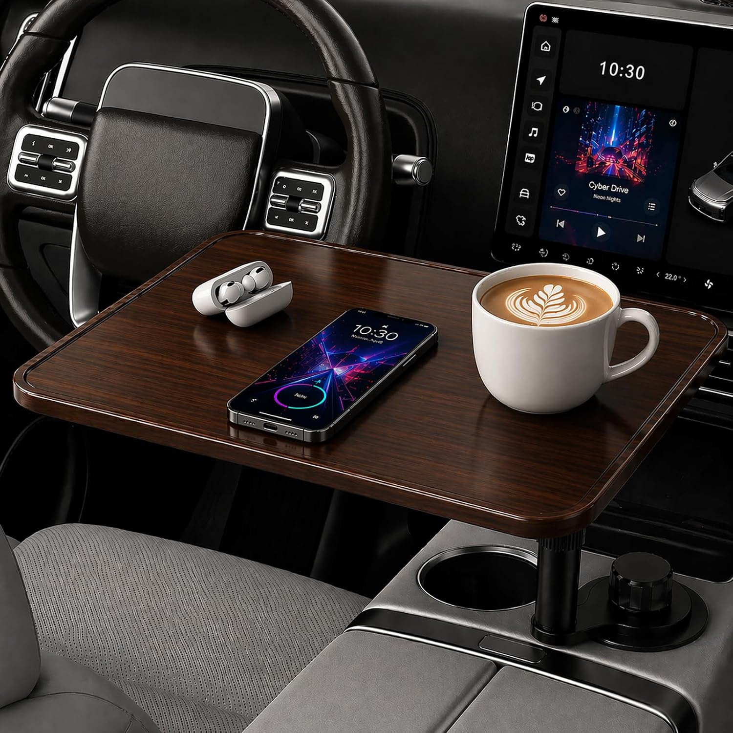 Wisamic Car Table Tray & Car Desk for Laptop - 360° Wooden Cup Holder Table