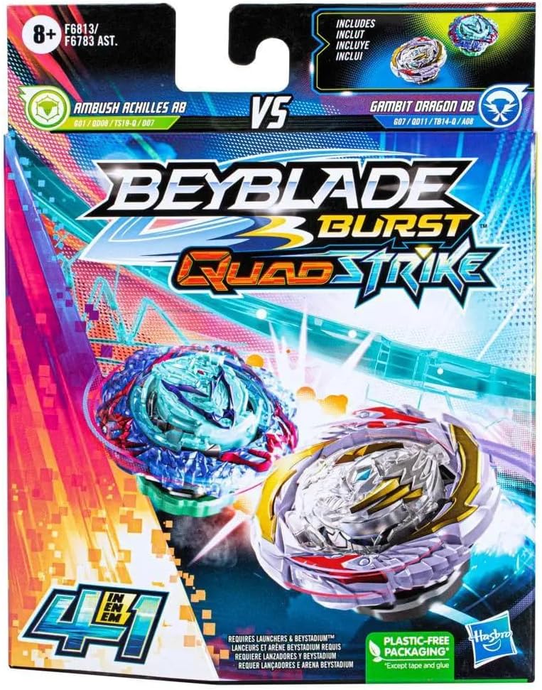 Beyblade Burst QuadStrike Gambit Dragon D8 and Ambush Achilles A8 Spinning Top Dual Pack, 2 Battling Game Top Toy for Kids Ages 8 and Up