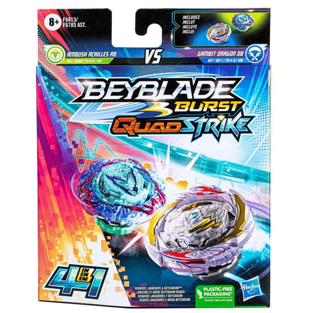 Burst QuadStrike Gambit Dragon D8 and Ambush Achilles A8 Spinning Top Dual Pack, 2 Battling Game Top Toy for Kids Ages 8 and Up