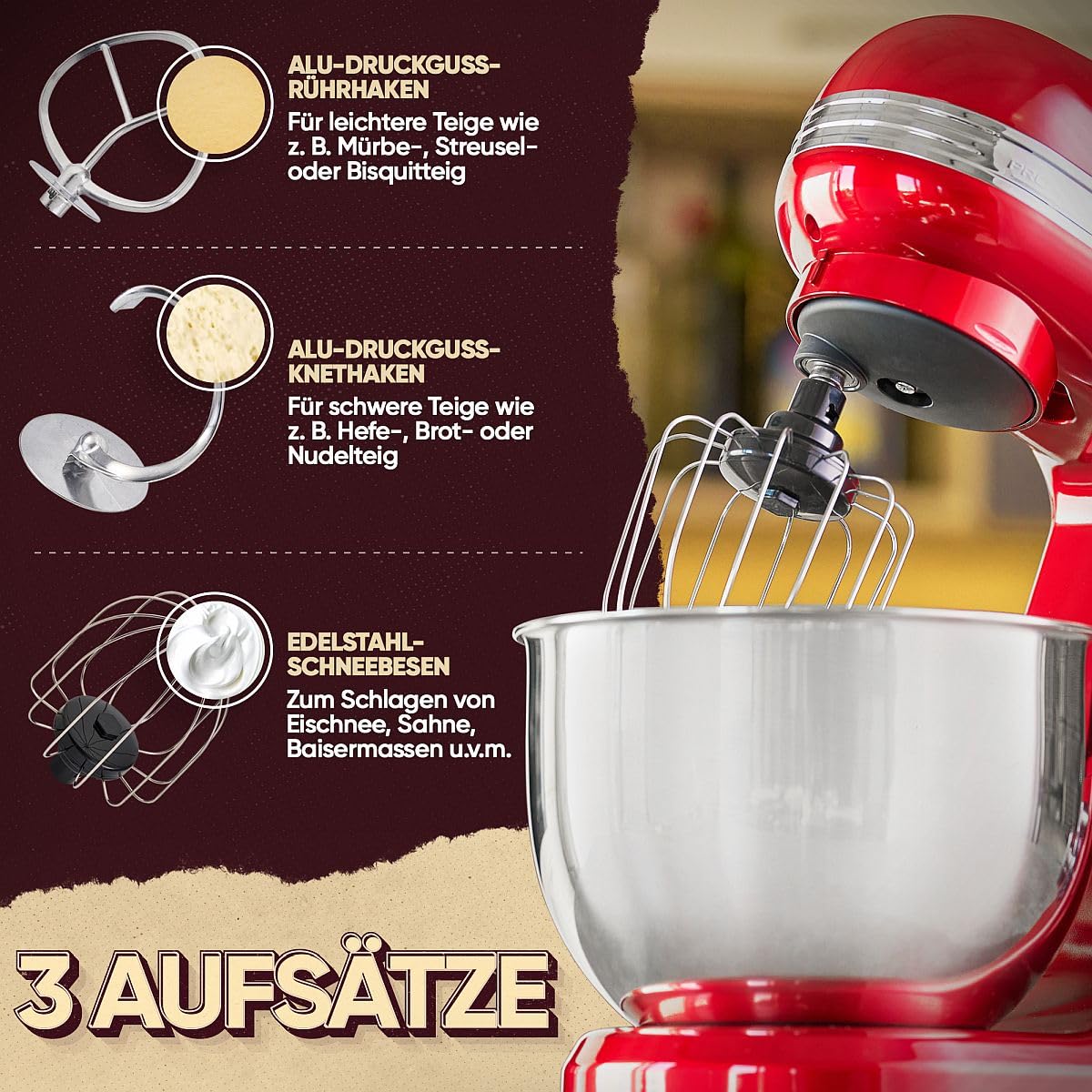 ProfiCook® Küchenmaschine zum backen | Knetmaschine 5L mit starkem 1200W Motor | Teigmaschine inkl. Haken & Schneebesen | Retro Teigknetmaschine Spritzschutz mit Nachfüllöffnung | PC KM 1197 rot