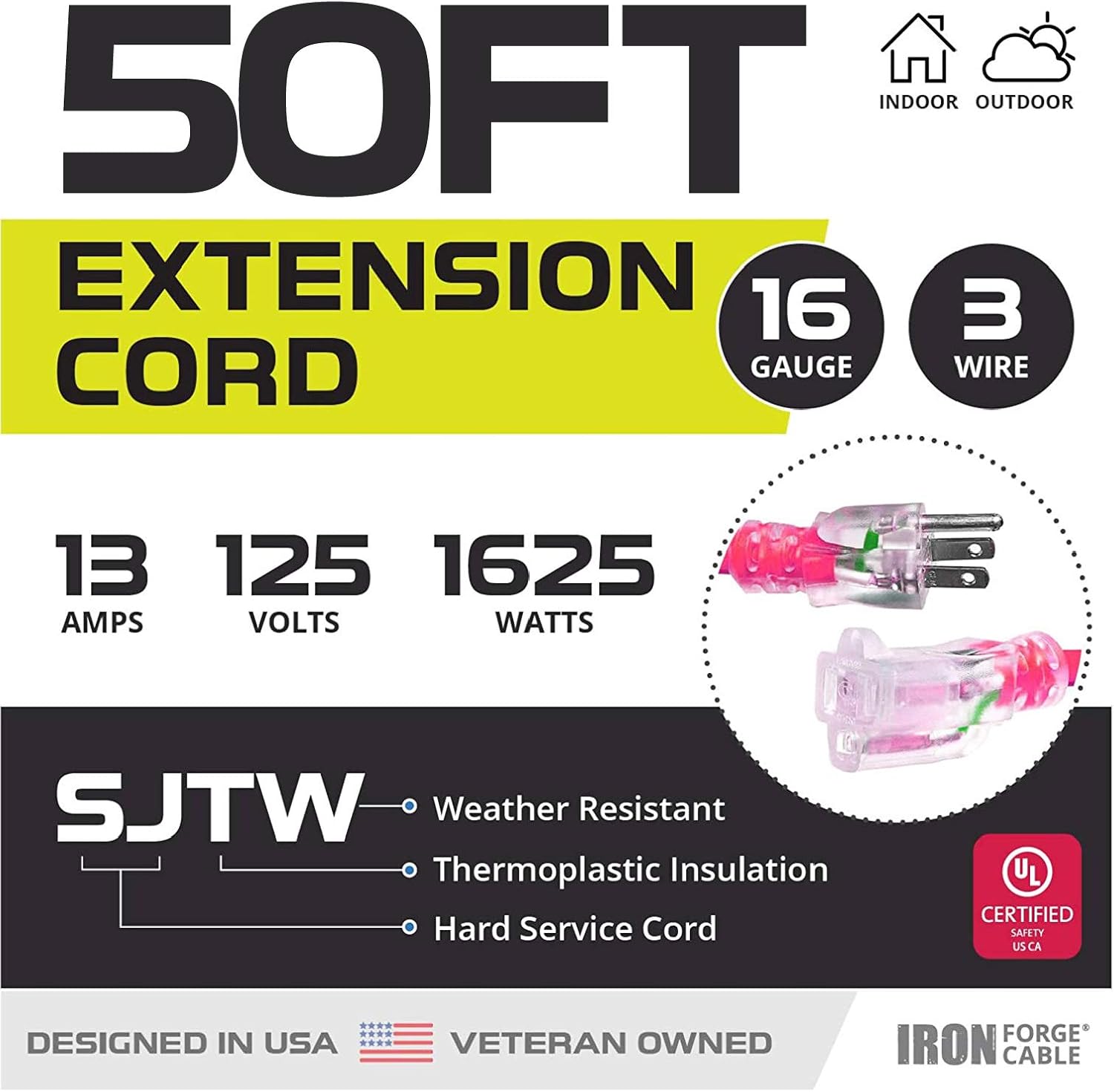 Iron Forge Cable Weatherproof 50 Ft Outdoor Extension Cord - 16/3 SJTW 13 Amp Heavy Duty Neon Pink Extension Cord 3 Prong - Lighted End