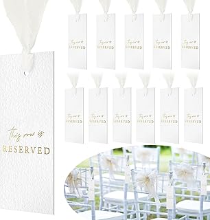 Clabby 12 Pack Reserved Chairs Hanging Signs with Ribbon for Wedding Reception Party Restaurant This Row Is Reserved Signs for Wedding Church Events Pews Chair(Gold)