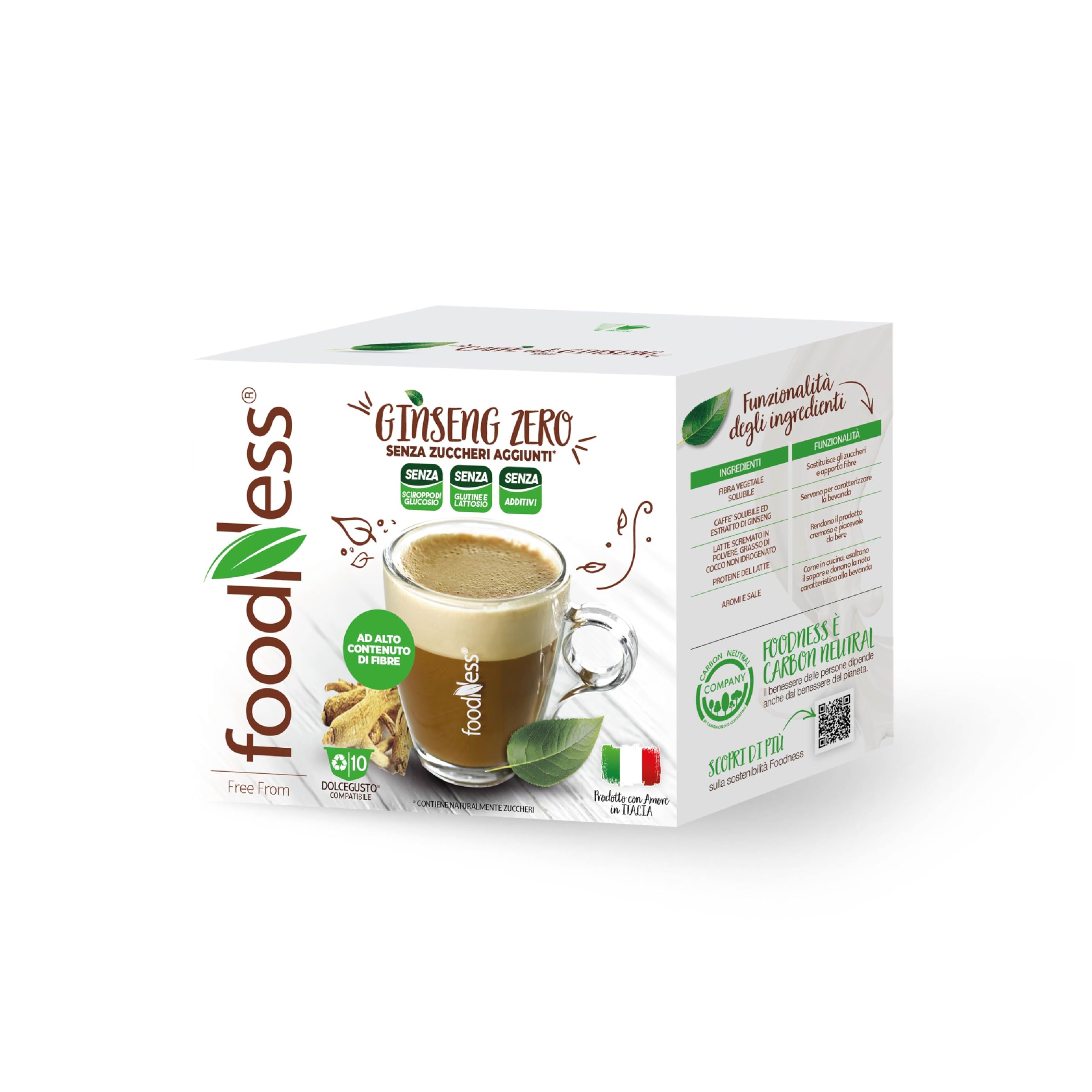 foodNess - 1 Box da 10 Capsule di Ginseng Zero, Capsule Compatibili con Sistema Dolce Gusto, Preparato in Polvere Senza Additivi, Senza Glutine, Lattosio, Grassi Idrogenati e Zuccheri Aggiunti