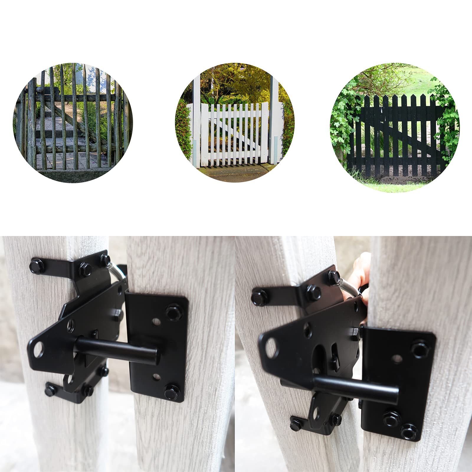 Post Mount Gate Latch For Wooden Fence - Heavy Duty Self Locking Gate Latch Hardware For Pool/Garden Gate Safety Latch, Automatic Fingertip Release Latches For Vinyl/Wood Fence, Black Finish