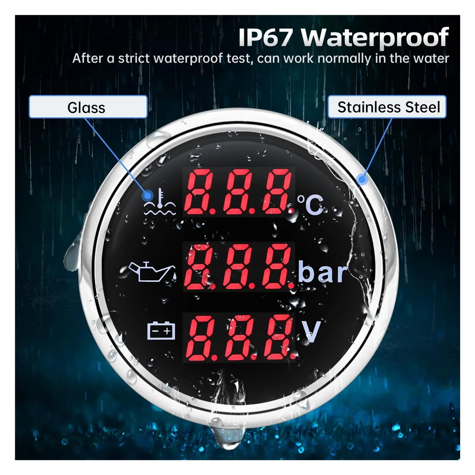 Wskaźnik samochodowy 3 w 1 Temperatura wody + Ciśnienie oleju + Woltomierz, Wodoodporny wskaźnik samochodowy z cyfrowym czerwonym podświetleniem 52 mm Uniwersalny(Black)
