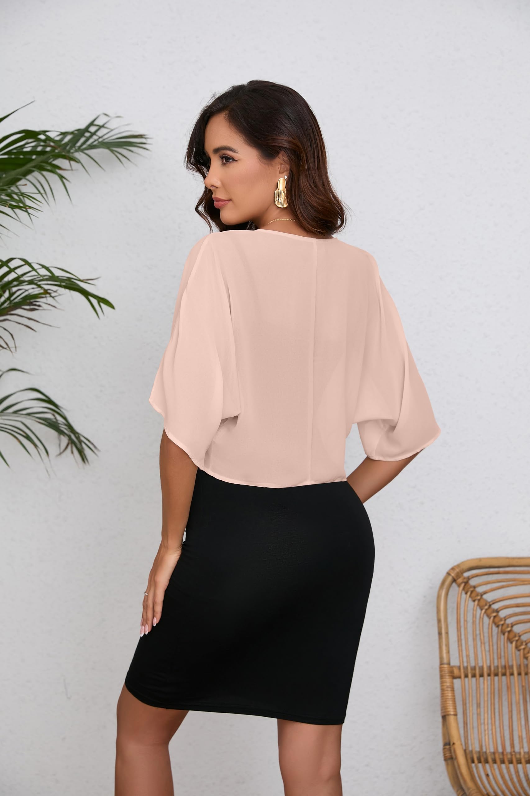 Boléro en mousseline de soie ouvert sur le devant à manches 3/4 pour femme – Cardigan court léger et transparent pour robe