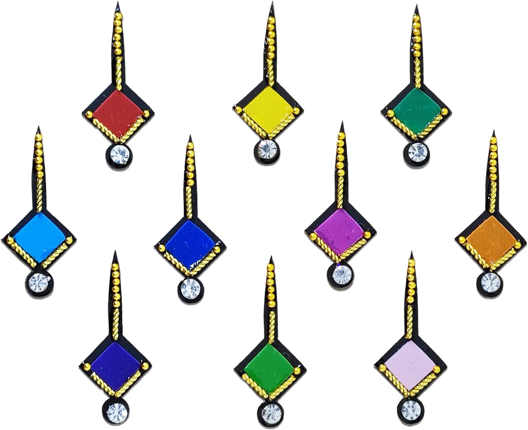 Comet Busters Beautiful Multicolor Square Stone Bindis With Gold Beads Long Line (BIN816)