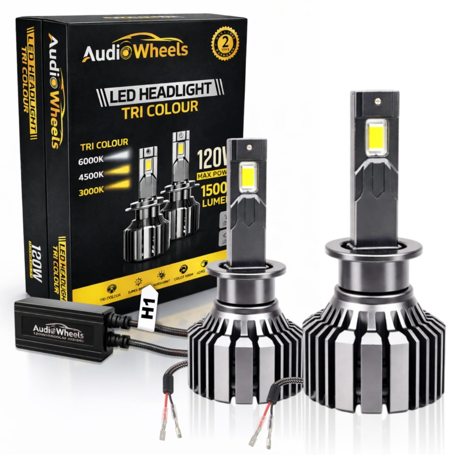 - Audio Wheels H1 LED Headlight Tri Colour, Single Beam 120W (15000LM) | 6000K/4300K/3000K | Waterproof | IP68 | Plug & Play Car Headlamp 12V/24V with Advanced Cooling | 2 Years Warranty