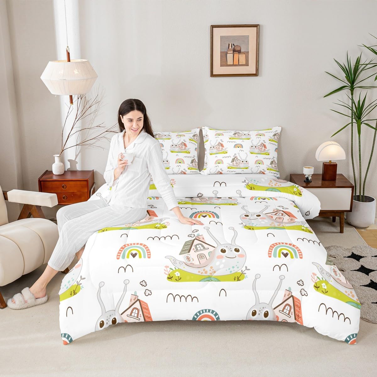 Homewish Cute Snail Bedding Set Queen Size Cartoon Rainbow Comforter Set 3Pcs for Kids Girls Boys Teens Room Decor,Nature Spring Animals Quilt Set Pink Green Stripes Duvet Insert,2 Pillowcases