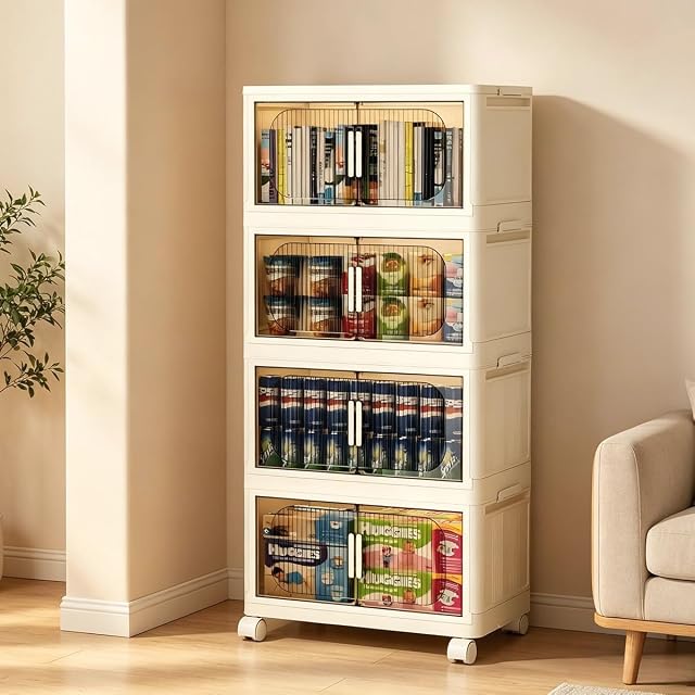 Large Capacity Plastic Storage Bins - 69 Quarts per Tier, 4 Tiers, 59cm Width, Stackable & Foldable Dustproof Storage Bins with Lids, White, Suitable for Closet Organizing and Storage