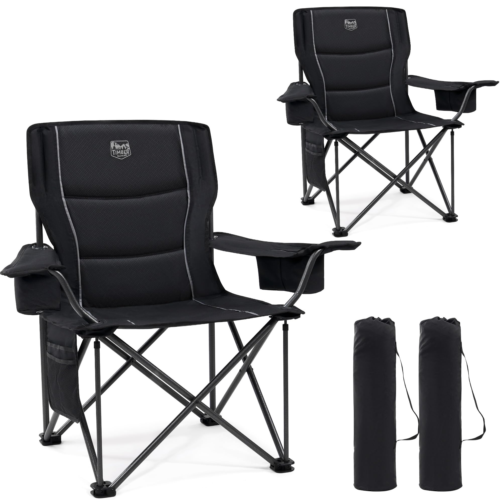 TIMBER RIDGE 2er Campingstuhl Faltbar 200KG Übergroß 63cm Sitzbreit Klappstuhl Camping Bequem Gepolster mit Isolierte Kühltasche Camping Sessel Faltstuhl Gartenstuhl Anglerstuhl