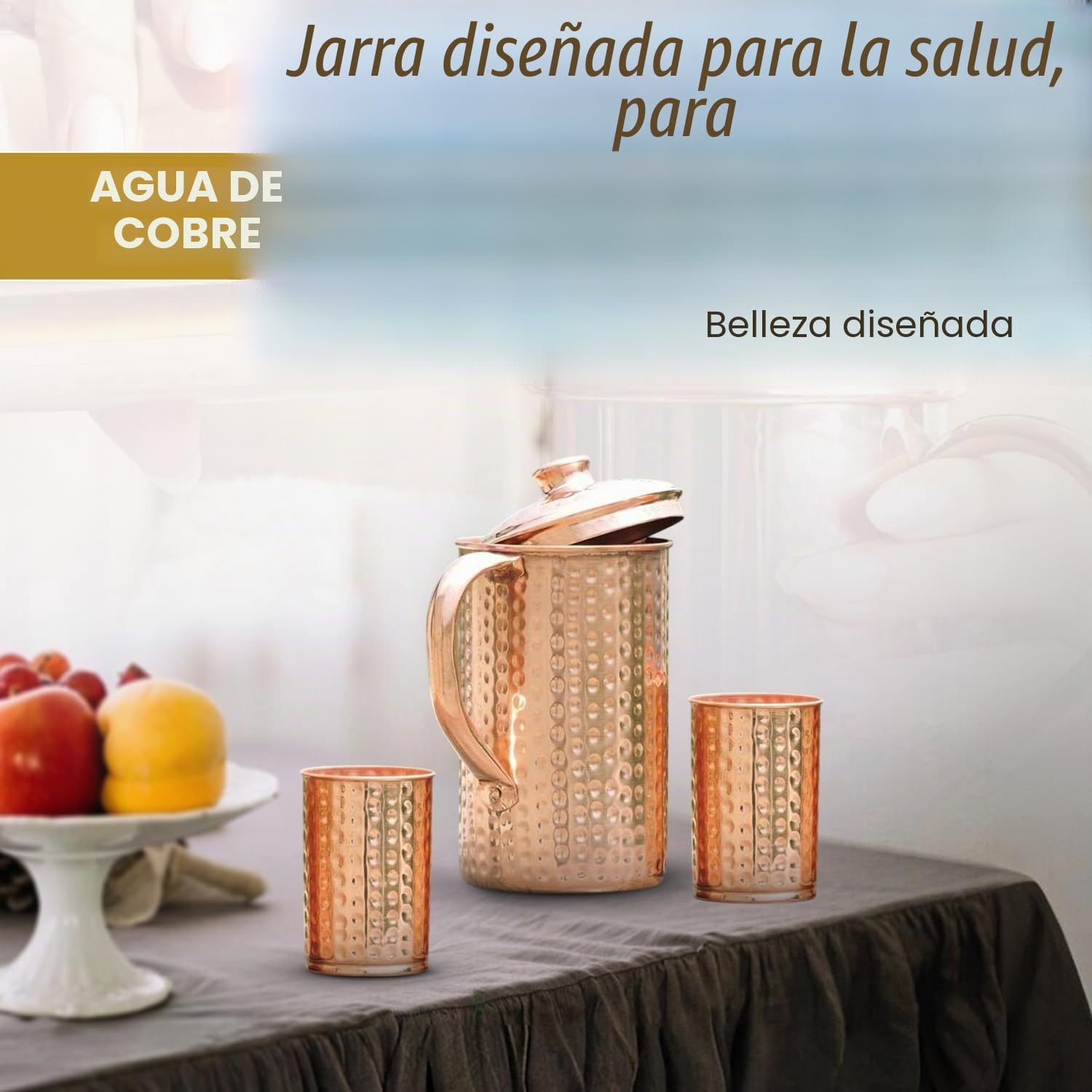 Jarra de agua de cobre con tazas de cobre | 1.5 L (50 oz), marrón, beneficios para la salud del Ayurveda