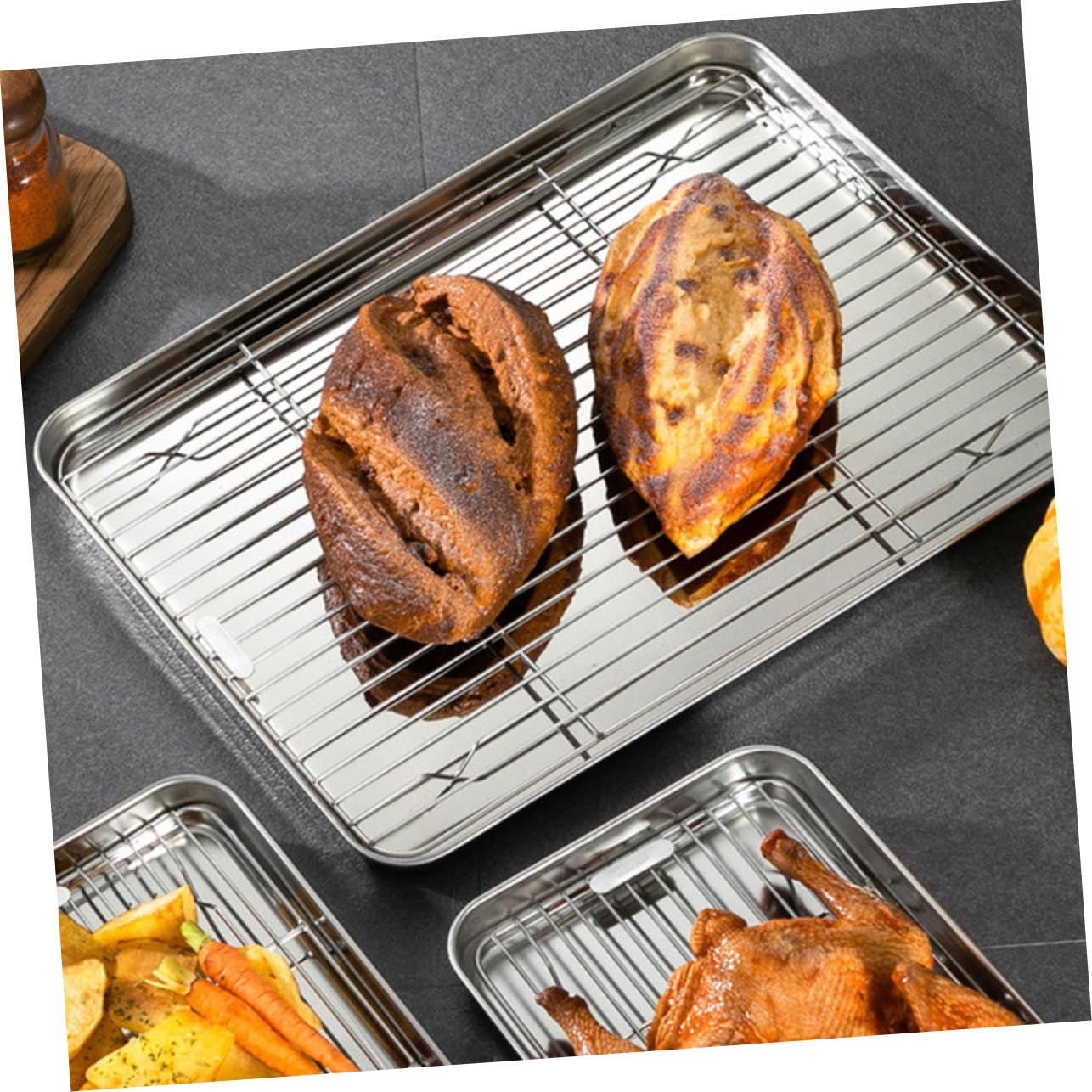 2 Sätze Stainless Steel Backblech Set mit Gitterrost Teiliges Backform Set für Vielseitiges Kochen für Gesunde Zubereitung Grillen