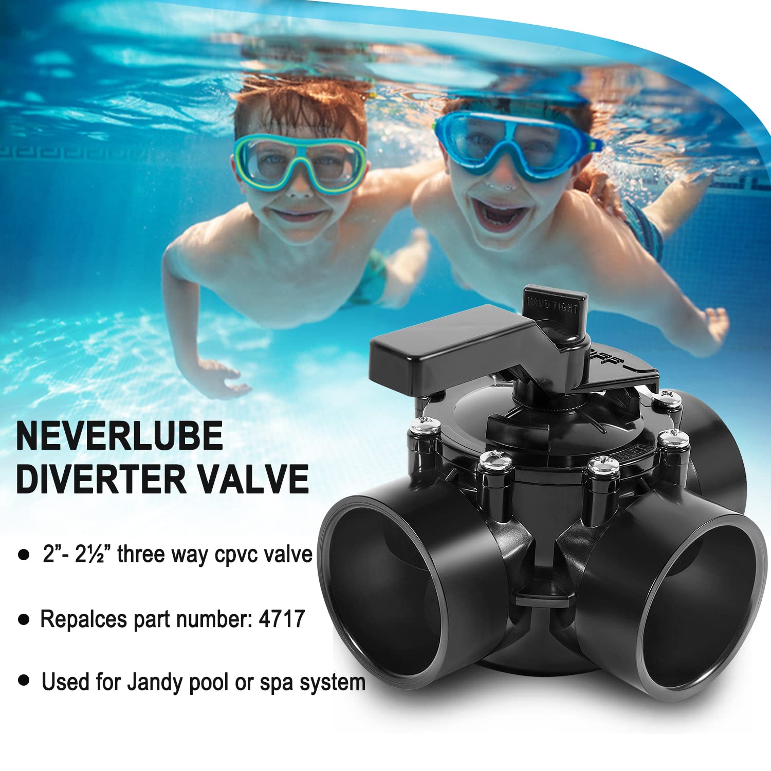 4717 2 to 2-1/2-Inch 3-Port Diverter Positive Seal Non-Lube Valve Replacement for Jandy NeverLube Diverter Valve Black