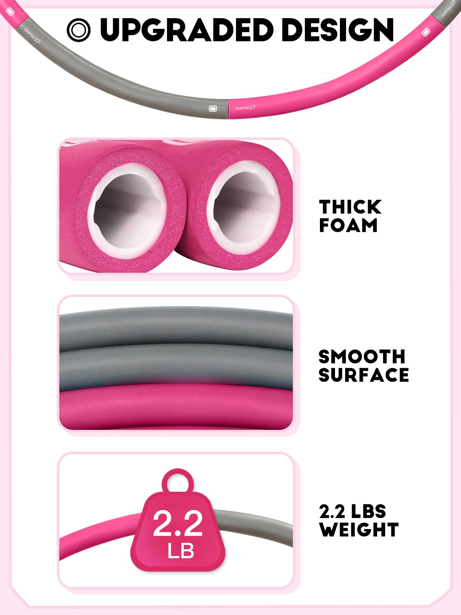 Phobby Weighted Exercise Hoop for Adults, 2.2lb Detachable Fitness Hoop, Adjustable Hoops with Jump Rope, Tape Measure and Carry Bag, Home Gym Workout (Pink Grey)