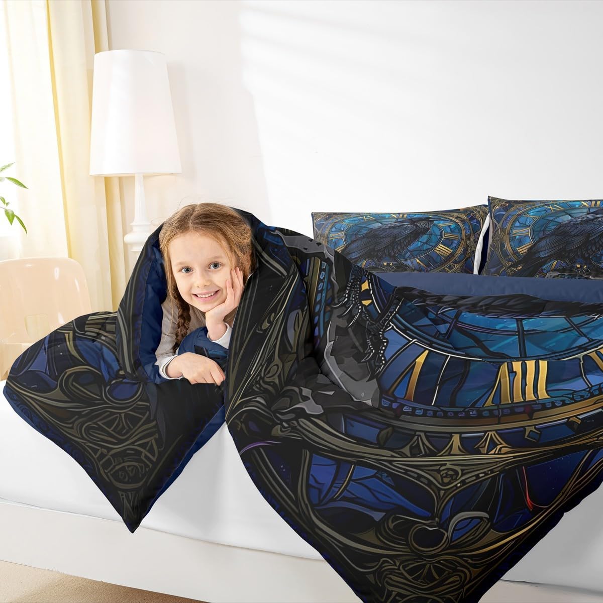 Erosebridal Exotic Raven Comforter Set Halloween Animal Queen Bedding Set for Kids Teen Adults,Black Gothic Crow Comforter Happy Halloween Holiday Quilt with 2 Pillow Cases