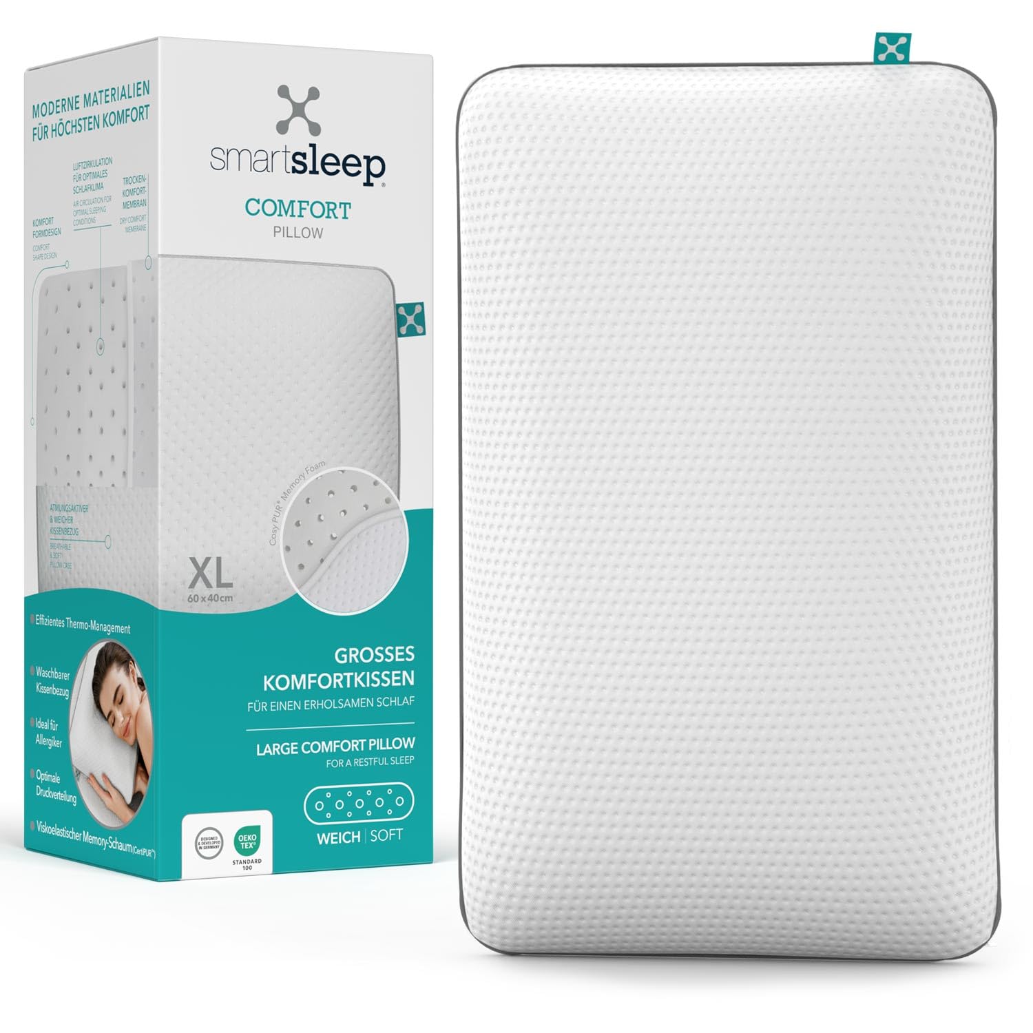 smartsleep Comfort Pillow Viscoelastischer Memory Schaum | Thermoregulierende Eigenschaften | 60x40x13 cm