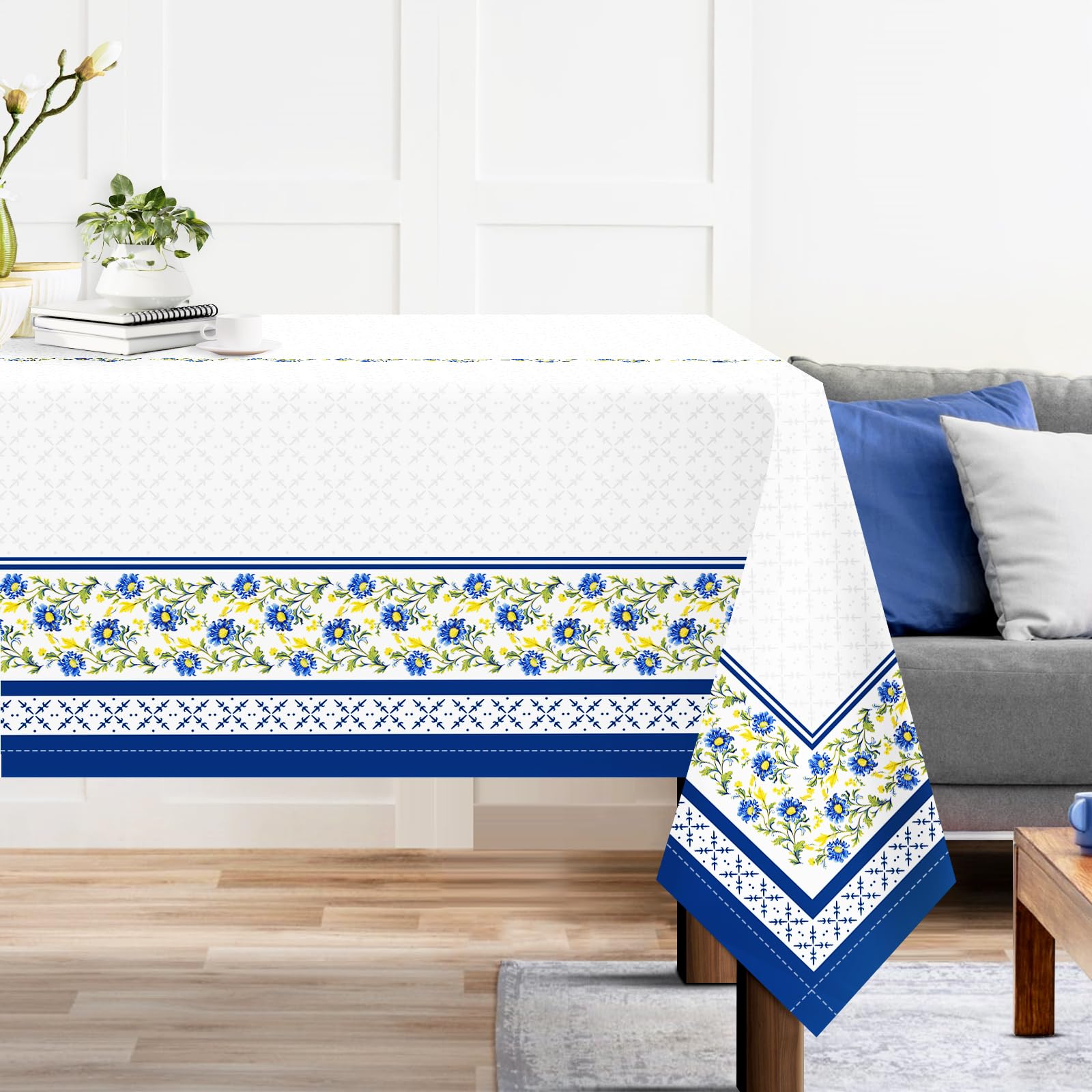 Arquiel Mantel Rectángula Azul Blanco, Manteles Flores Vintage Borde Mantel Impermeable Antimanchas Poliéster Lavable Duradera para Cocina Comedor Fiestas (152×213cm)