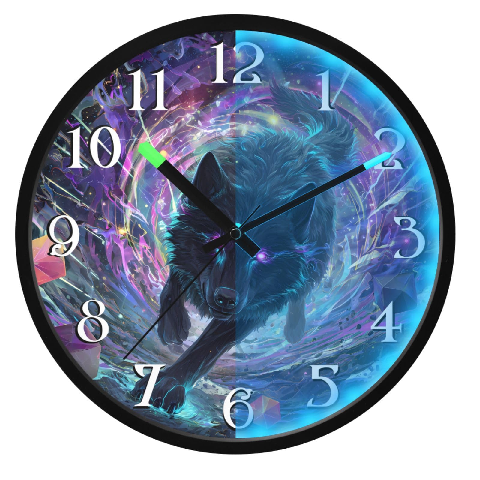 Horloge murale sans tic-tac loup galaxie pour lire l'heure la nuit