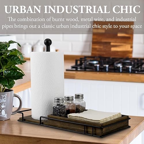 Miniatura 3 de MyGift Organizador combinado de cocina y comedor rústico  Soporte dispensador de rollos de papel de metal negro mate industrial de madera maciza