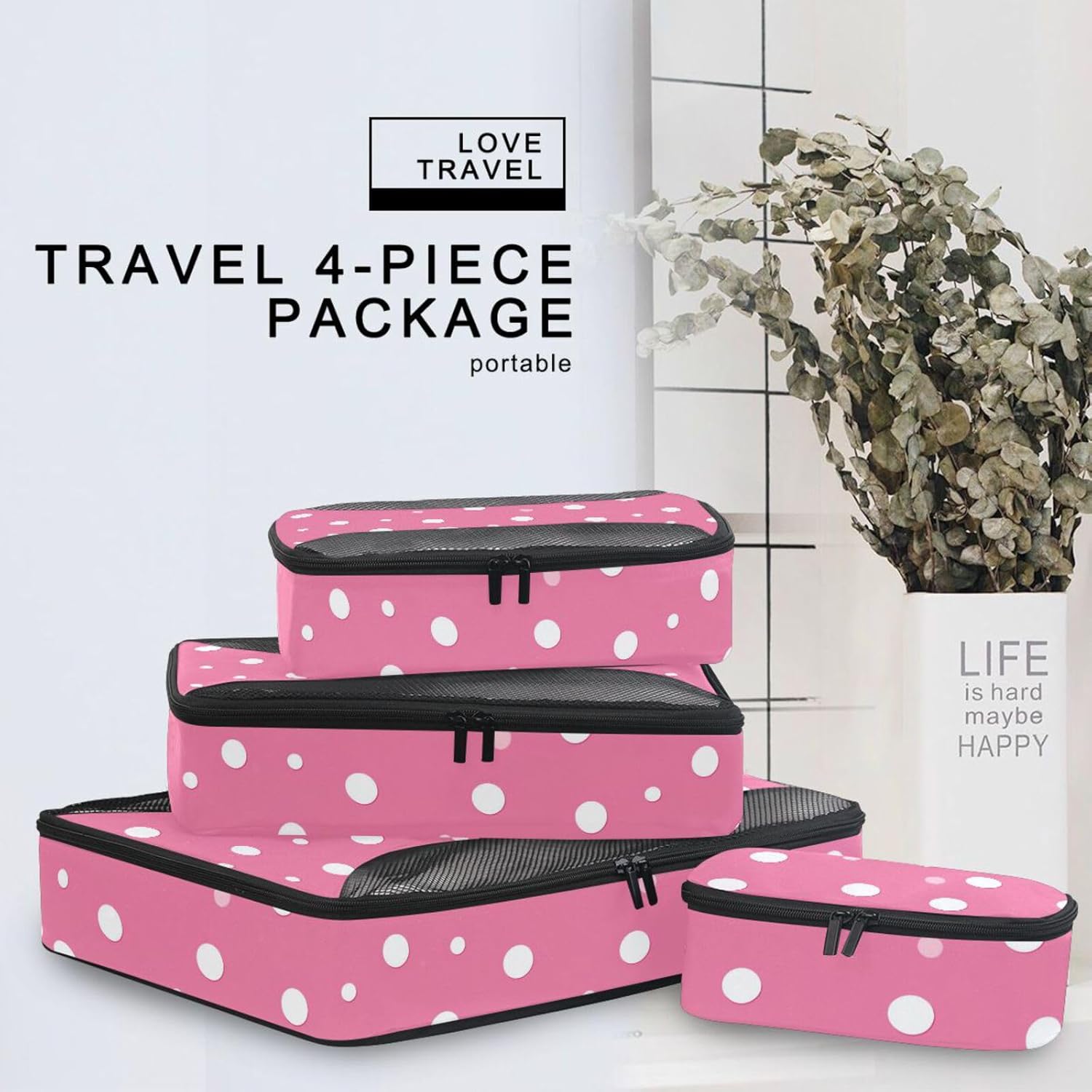 White Irregular Dots 4 Pcs set organizer for luggage Mesh Travel Essentials expandable compression packing cubes travel