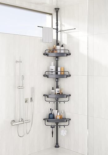 Miniatura 8 de Organizador de Ducha de Esquina con Barra de Tensión de 32 a 122 pulgadas, Todo Blanco, Estantes de Ducha Inoxidables Sin Taladro para Baño, Bañera,