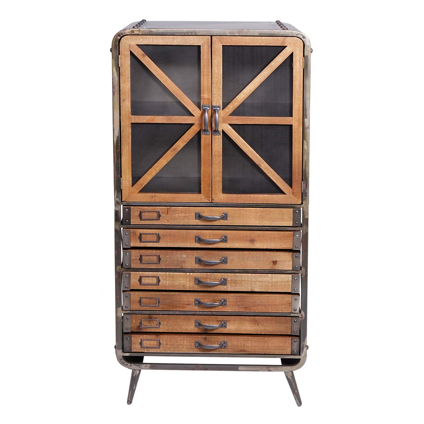 Mendler Hochschrank HWC-F91, Apothekerschrank Wohnzimmerschrank, Industrial Tanne Holz Metall 128x60x33cm, braun-schwarz