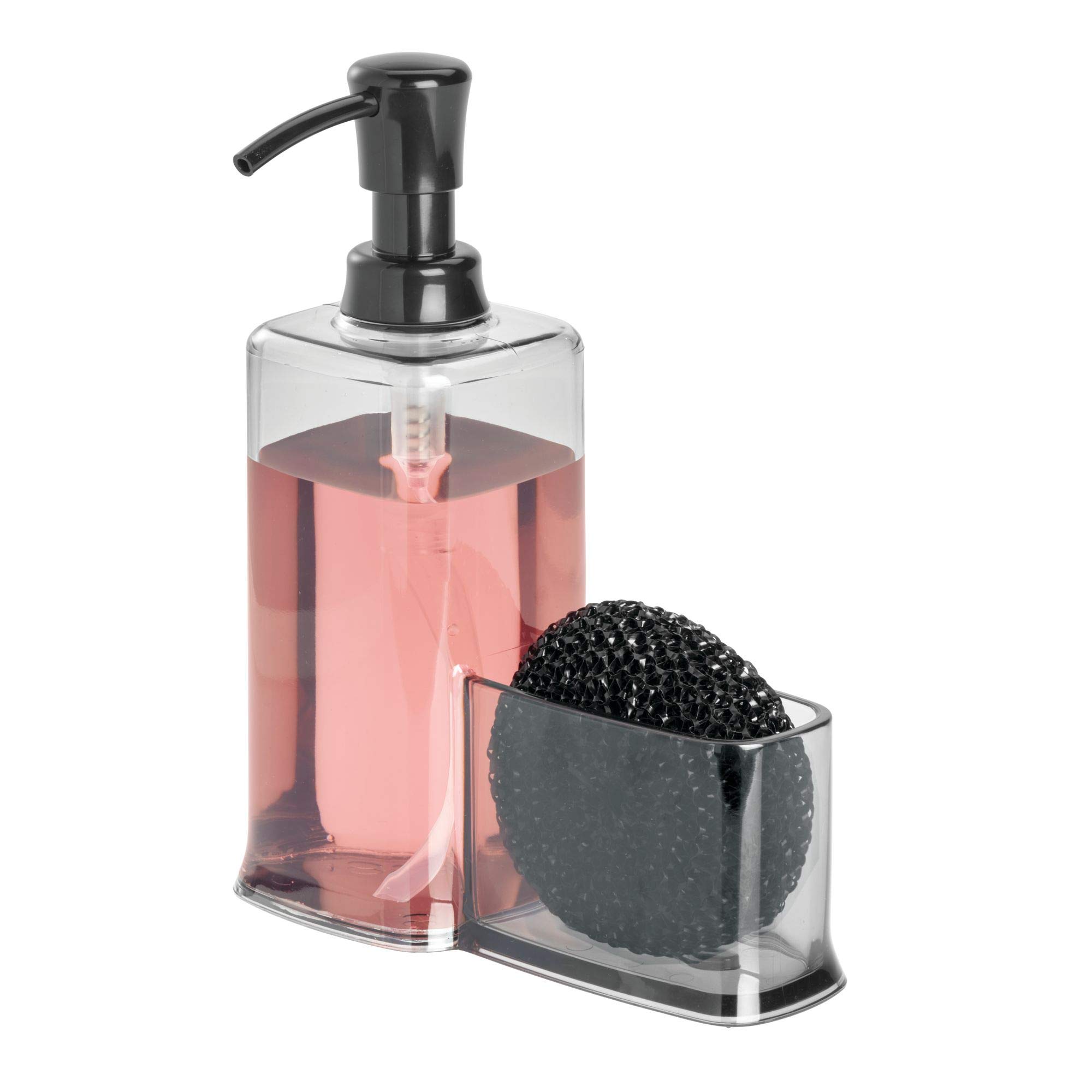 iDesign Dispensador líquido con estropajero, Organizador de Fregadero de plástico, Moderno dosificador de jabón con Porta estropajos, Gris, 16,5 cm x 7,9 cm x 21,0 cm