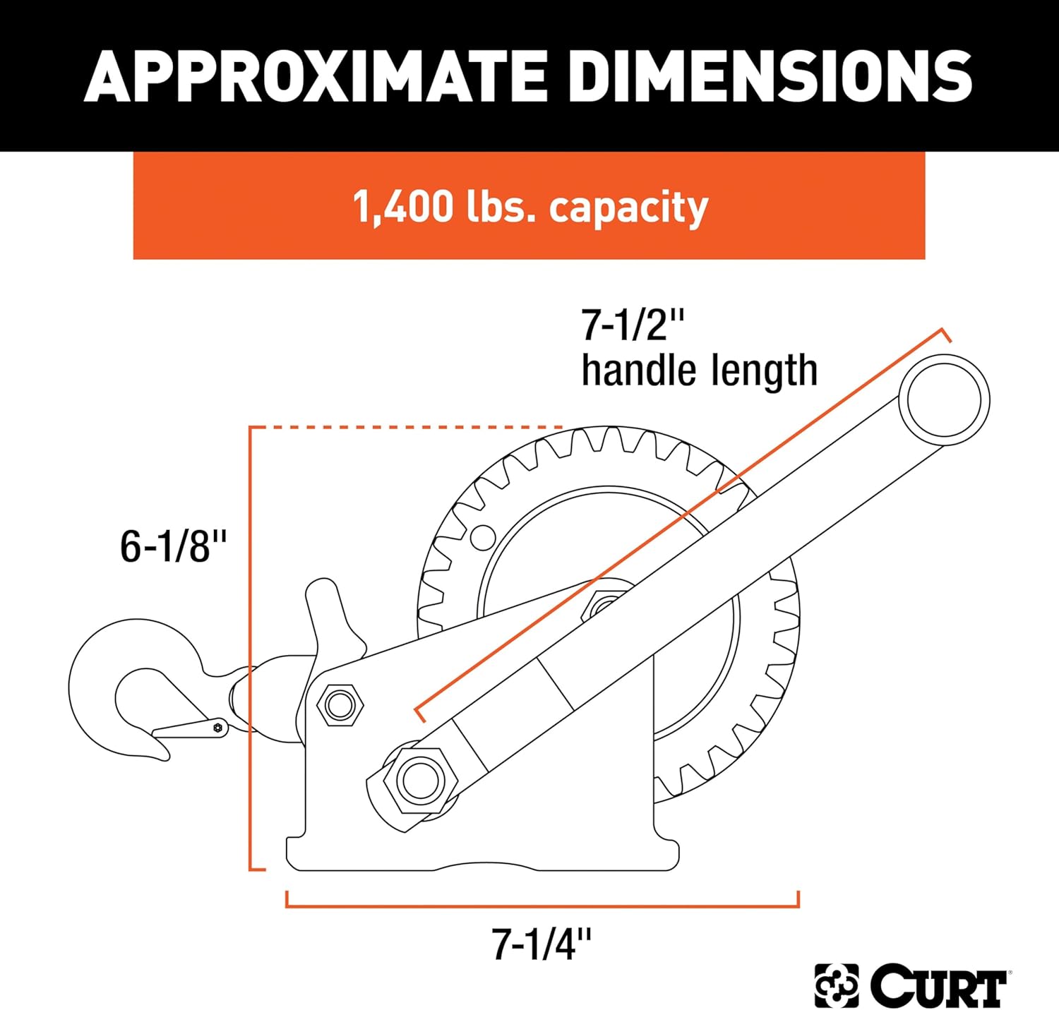 CURT 29435 Manual Hand Crank Boat Trailer Winch, 1,400 lbs Capacity, 7-1/2" Handle, 4.2:1 Gear Ratio, 20' Strap