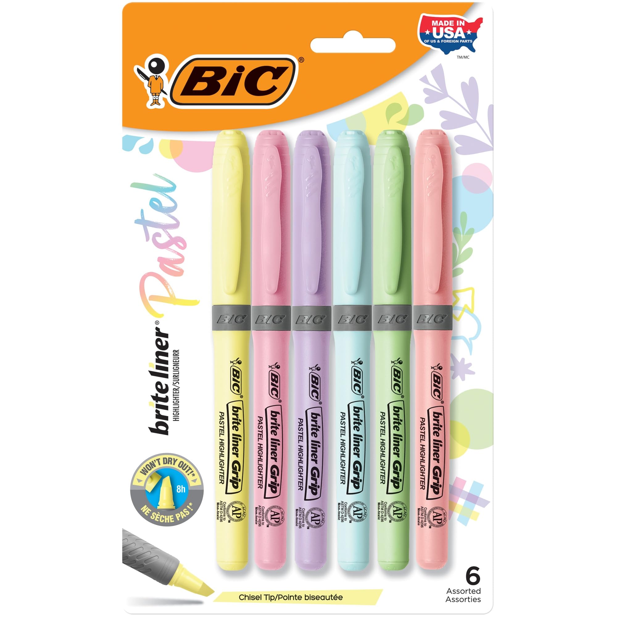 BIC GBLDP61AST Brite Liner Grip Pocket Highlighter Assorted - Pack of 6