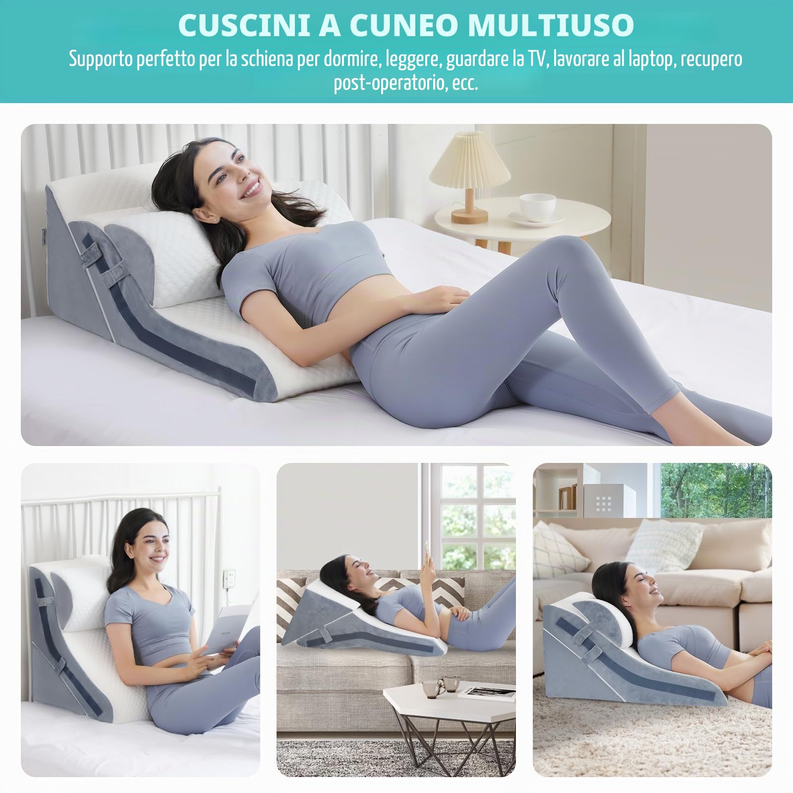 Cuscino a cuneo per dormire, set di cuscini ortopedici a cuneo 15 in 1, 3 pezzi, in memory foam, regolabili, post chirurgia, altezza 22,9 e 40,6 e 50,8 cm, 3 in 1 cuscini inclinati (set da 3 pezzi)