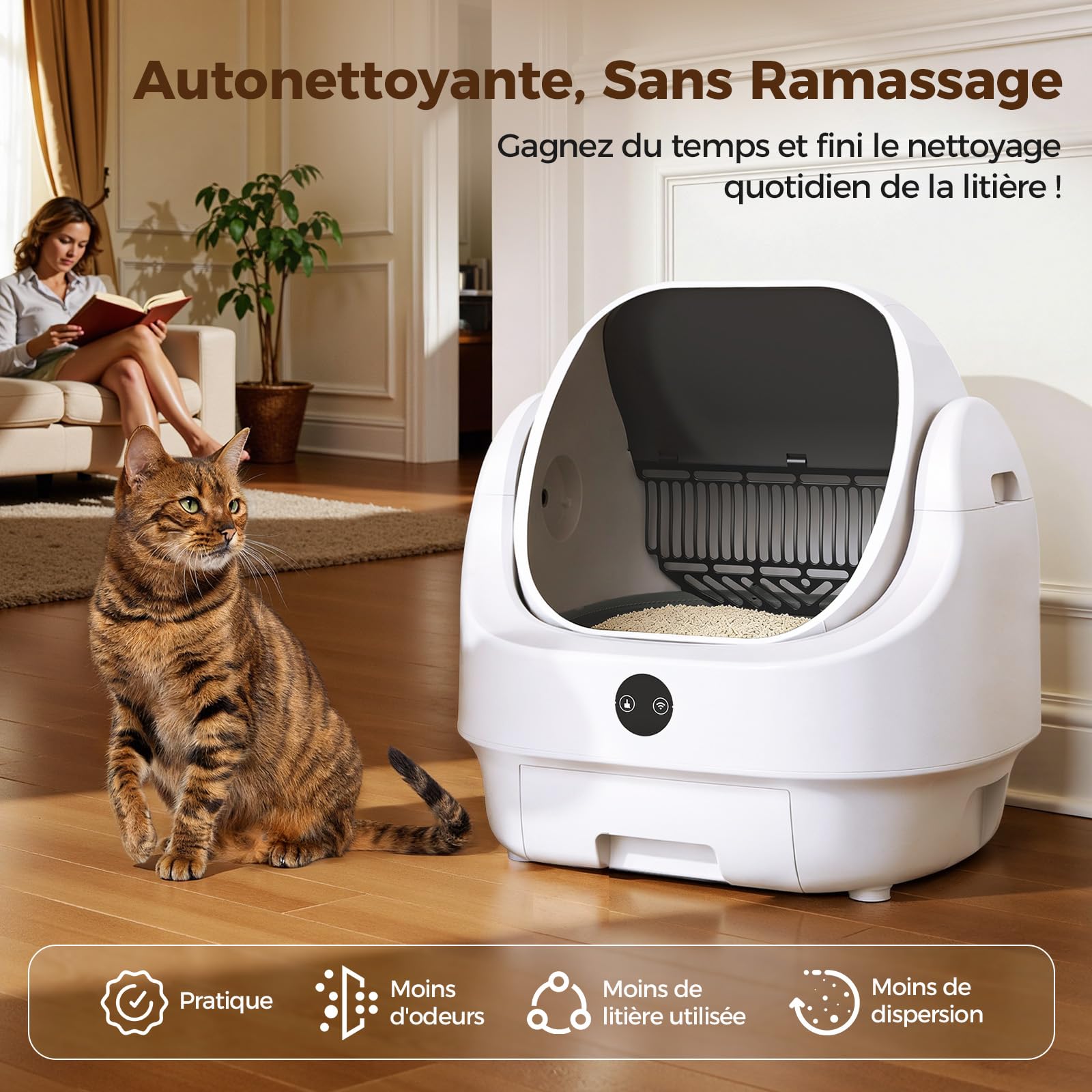 Litiere Chat Autonettoyante Ouverte, Ellenpent Litière Automatique Grande Capacité & Contrôle par App & Sécurité, Bac Litiere pour Chat sans Odeur, Idéal pour Multi-Chats & Voyages
