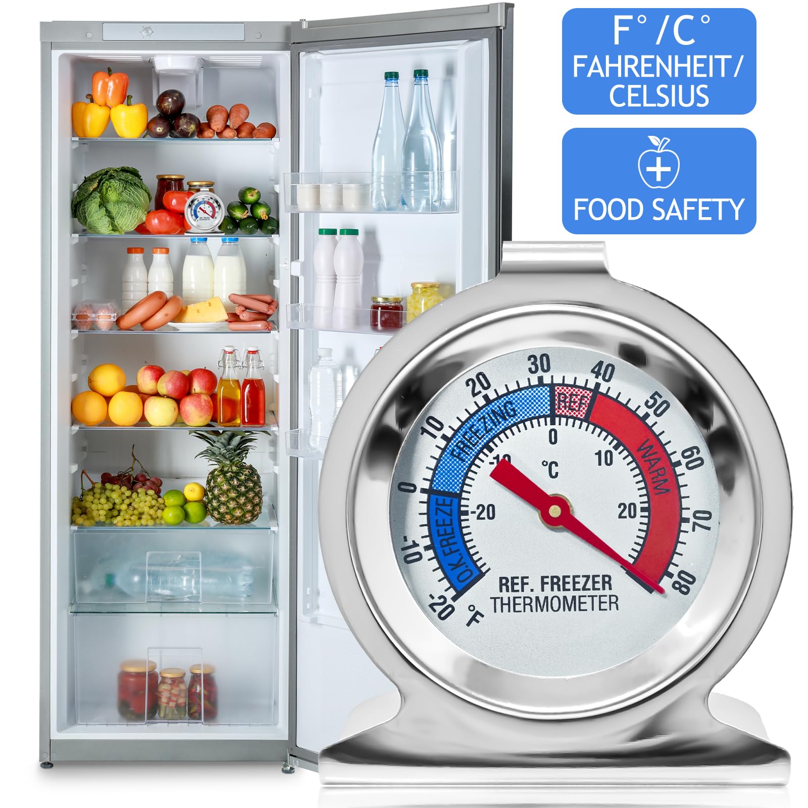 Paquete de 12 termómetros para refrigerador y congelador, esfera grande, termómetro de nevera con doble escala -30 ~ 30 °C/-20 ~ 26.7 °C para congelador y refrigerador