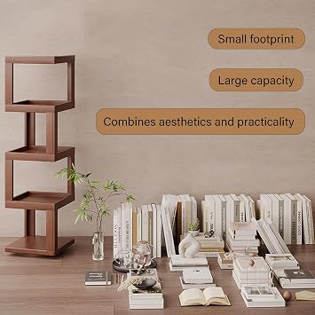 Open rotating bookshelf, large-capacity storage rack, made of bamboo, suitable for study, living room, and bedroom Walnut 5tier