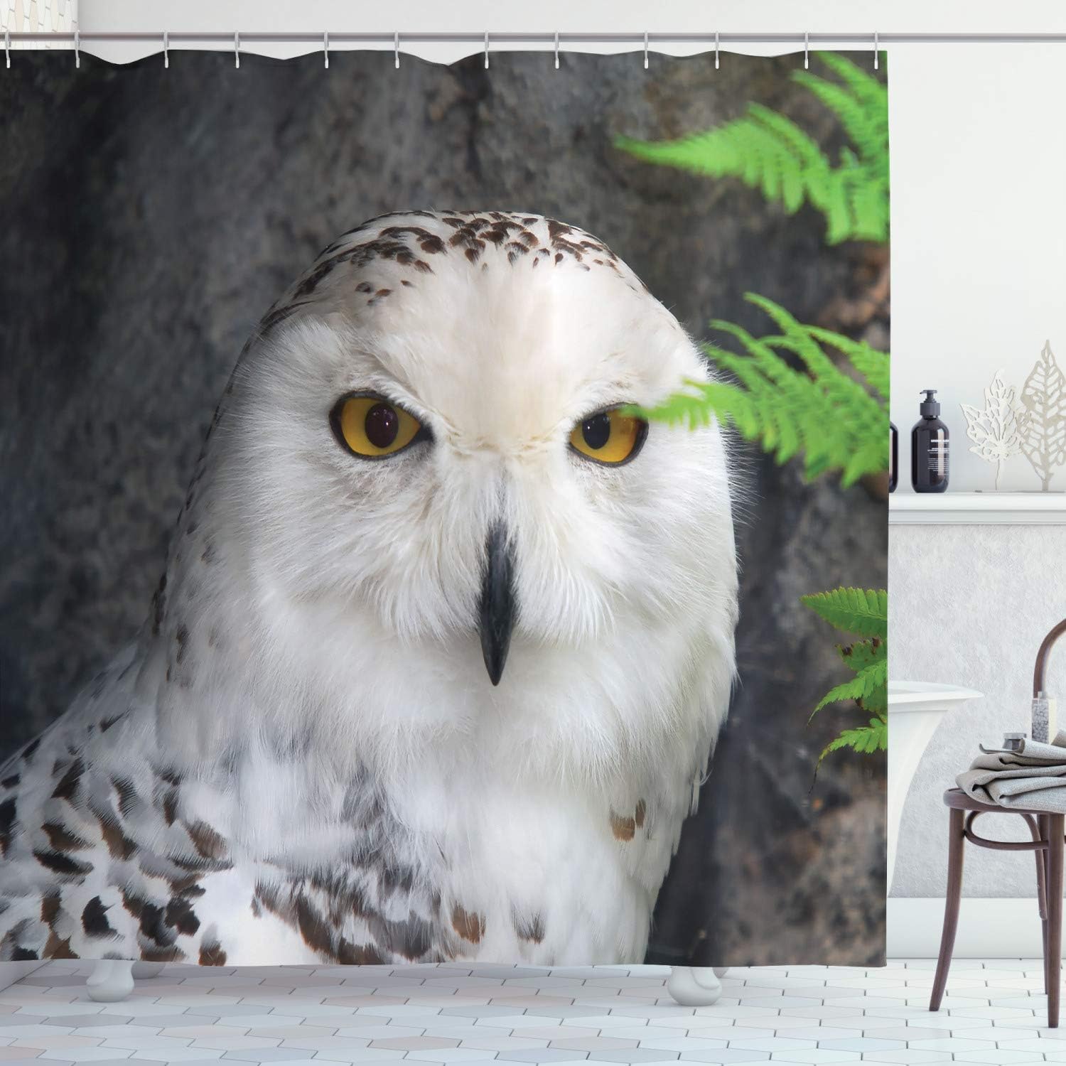 Ambesonne Wizard Shower Curtain, Pattern White Owl Themed Animal Green Leaves Amber Eyes Gift Witchcraft Print, Cloth Fabric Bathroom Decor Set with Hooks, 69" W x 84" L, White Green Black