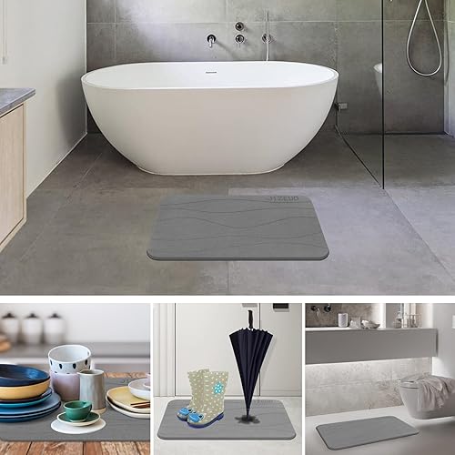 Miniatura 7 de JIZEUO Tapete de baño de piedra, tierra de diatomeas, antideslizante, súper absorbente, de secado rápido, 2 unidades, color gris