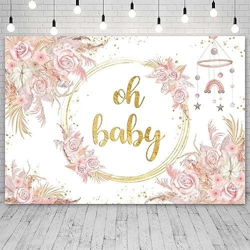Telón de fondo bohemio de 7 x 5 pies para niña, diseño floral rosa para baby shower, decoración de fiesta de baby shower, fiesta de baby shower,