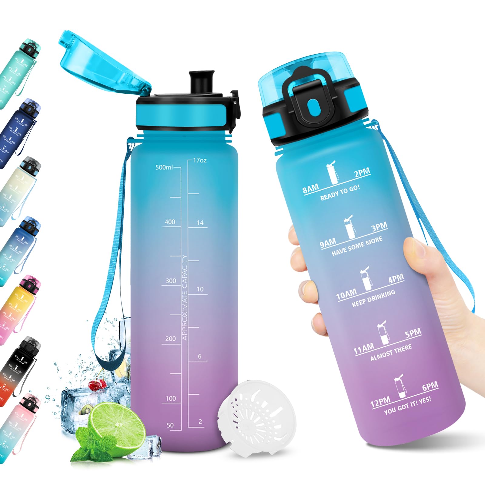 KollyKolla 500ml Water Bottle Reusable Filter Water Bottle Time Markers Water Bottles BPA-Free Leak-Proof Water Bottle for Kids School Office